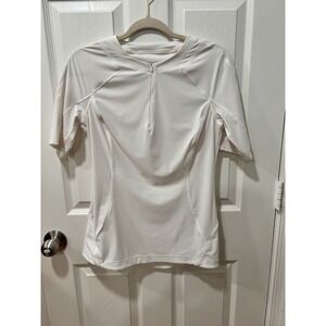 Athleta Womens Top Top Size White Perforated Zip Front Short Sleeve